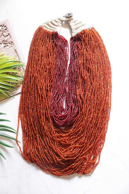 Orange and Maroon Multi-Layer Hand Braided Necklace with Button Closure