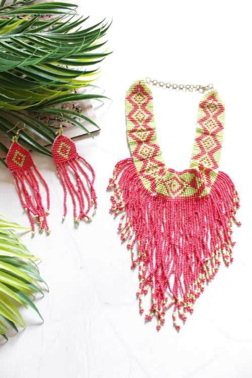 Red and Lime Green Hand Braided Beads Collar Necklace