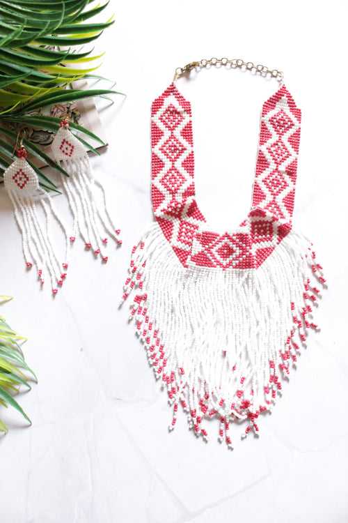 White and Red Hand Braided Beads Collar Necklace