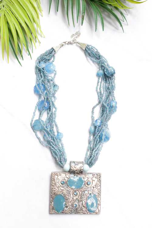 Blue Glass Beads Necklace with Statement Oxidised Finish Pendant
