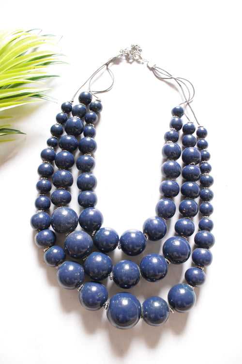 Blue Wooden Beads 3 Layer Chain Closure Necklace