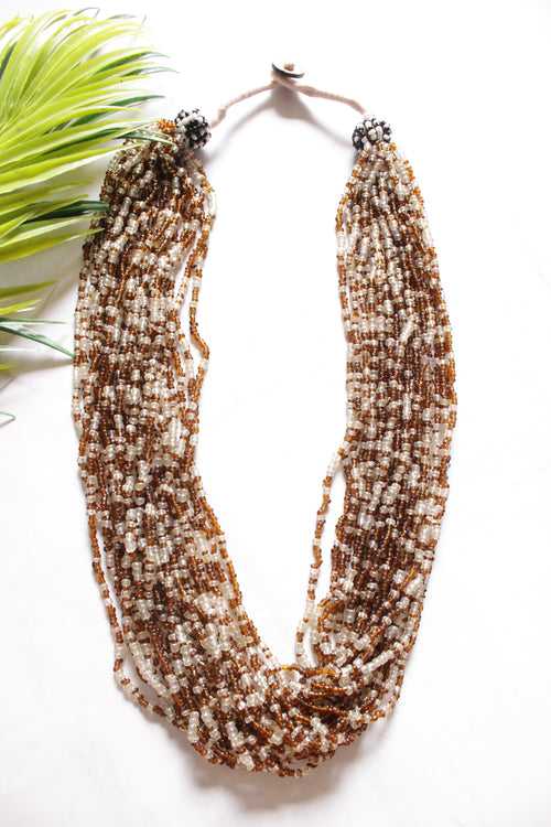 Brown and White Multi-Layer Hand Braided Necklace with Button Closure