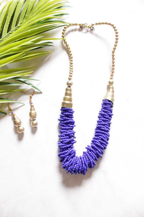 Set of 3 - Necklace, Earrings and Bracelet Violet Hand Braided Beads with Gold Accents Necklace Set