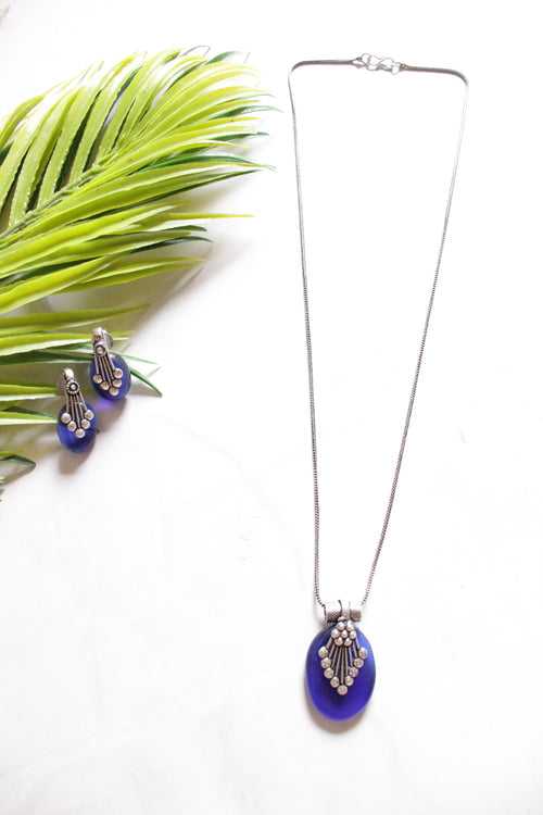 Oxidised Chain Necklace Set with Violet Pendant