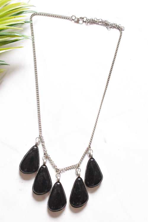 Black Big Gemstones Embedded Silver Finish Chain Necklace
