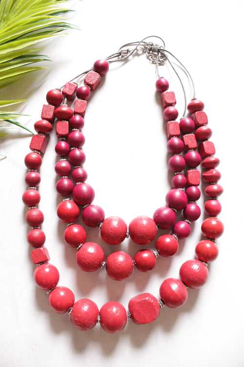 Red Wooden Beads 3 Layer Chain Closure Necklace