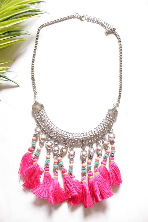 Metal Chain Necklace Embellished with Colourful Beads and Pom Poms