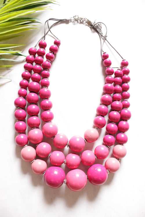 Pink Wooden Beads 3 Layer Chain Closure Necklace
