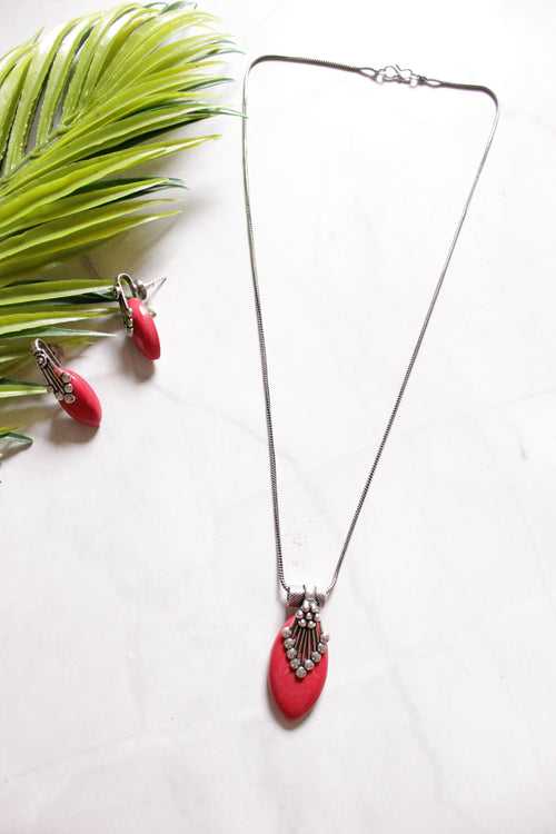 Oxidised Chain Necklace Set with Red Pendant