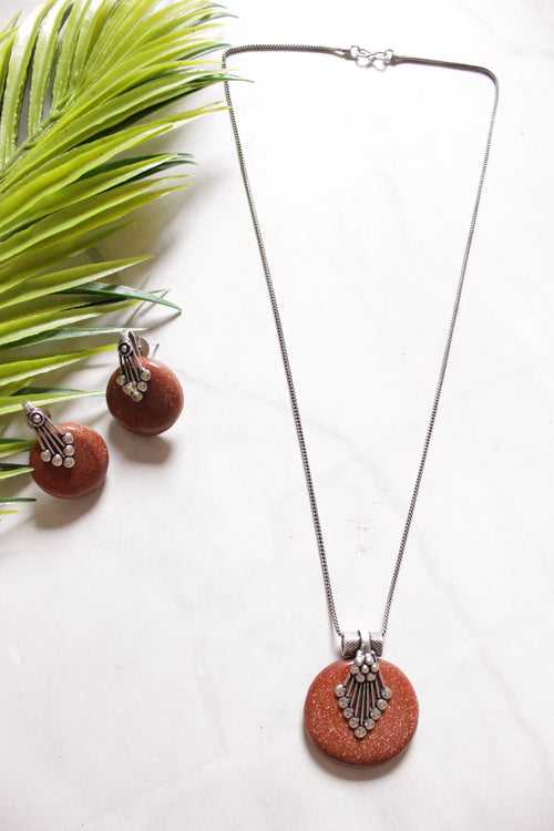 Oxidised Chain Necklace Set with Orange Pendant