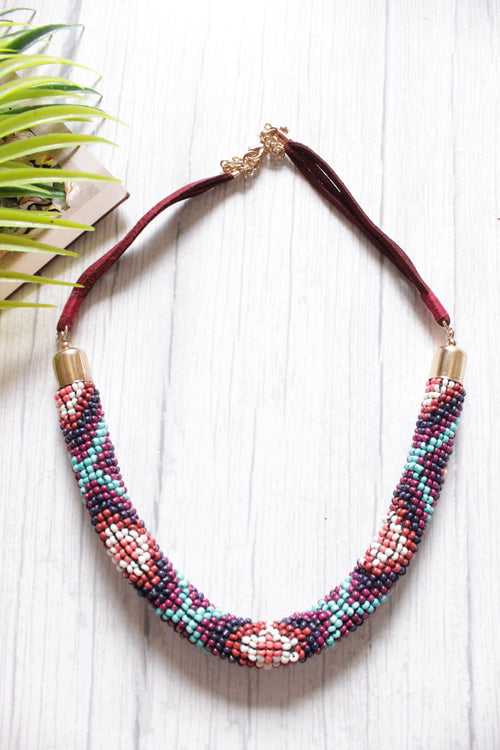 Shaded Blue and Orange Hand Braided Beads Necklace with Rope Closure