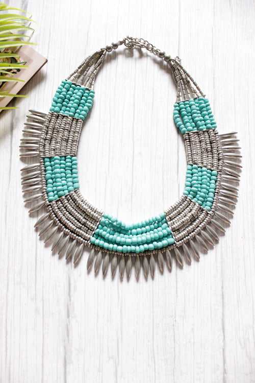 Turquoise Beads and Oxidised Finish Metal Accents Choker Necklace