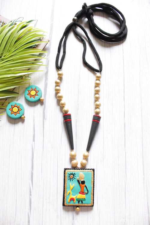 Tribal Hand Painted Terracotta Clay Tree Adjustable Closure Necklace Set