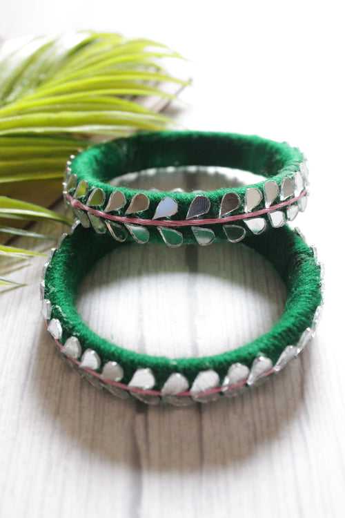 Green Fabric Threads and Mirror Work Metal Bangles - Set of 2