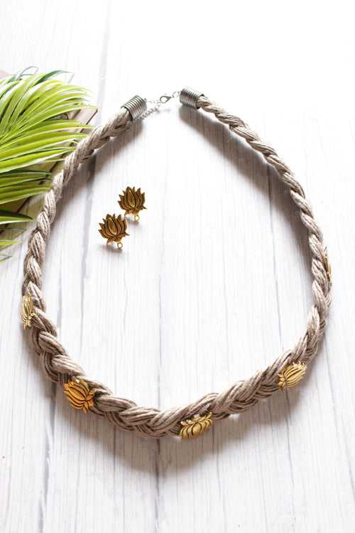 Gold Finish Lotus Metal Charms Hand Braided in Jute Threads Choker Necklace