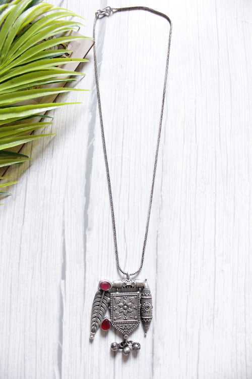 Premium Oxidised Finish Ruby Glass Stones Embedded Pendant Chain Necklace