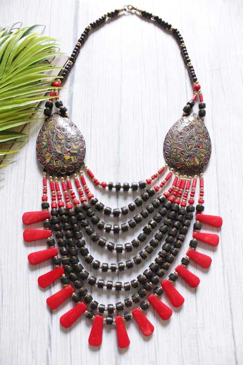 Brown and Red Bone Beads Handcrafted Multi-Layer African and Tibetan Tribal Necklace