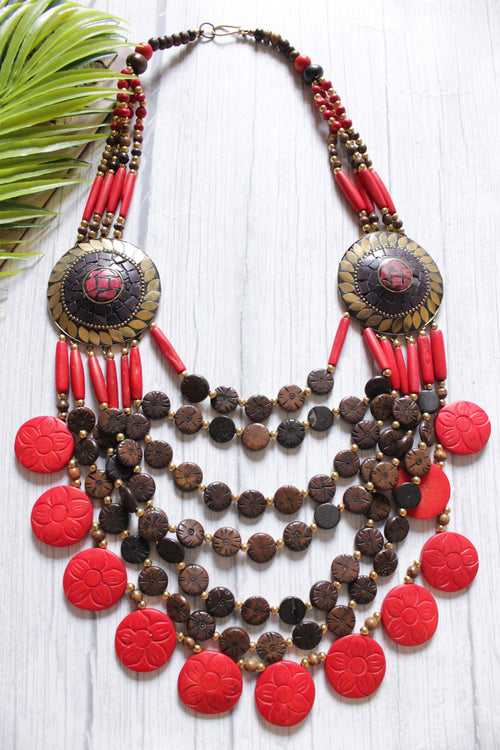Brown and Red Circular Bone Beads Handcrafted Multi-Layer African Tribal Necklace