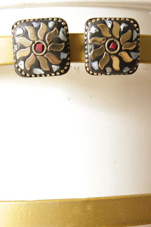 Gold Toned Black Tibetan Stud Earrings
