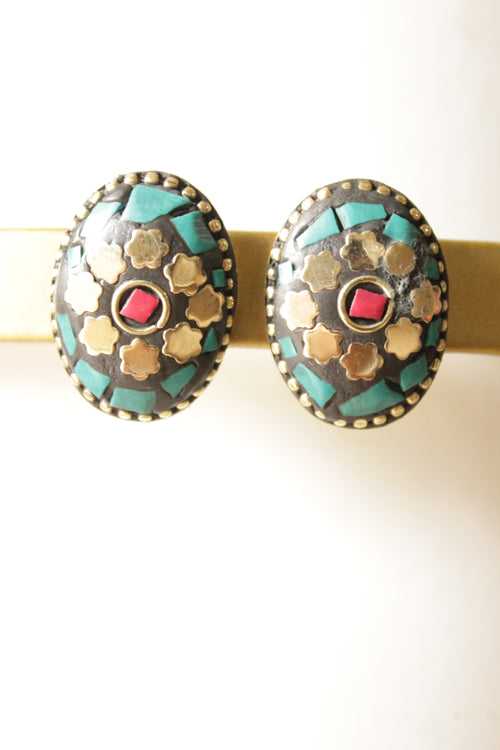 Black and Gold with Turquoise Tibetan Stud Earrings