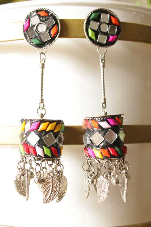 Black Mirror Work Tribal Dangler Tibetan Earrings