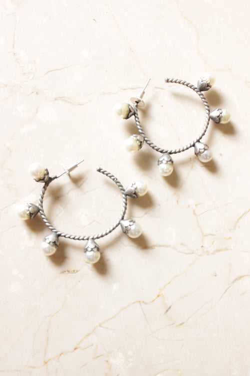 Pearl Stone Embellished Oxidised Finish Hoop Earrings