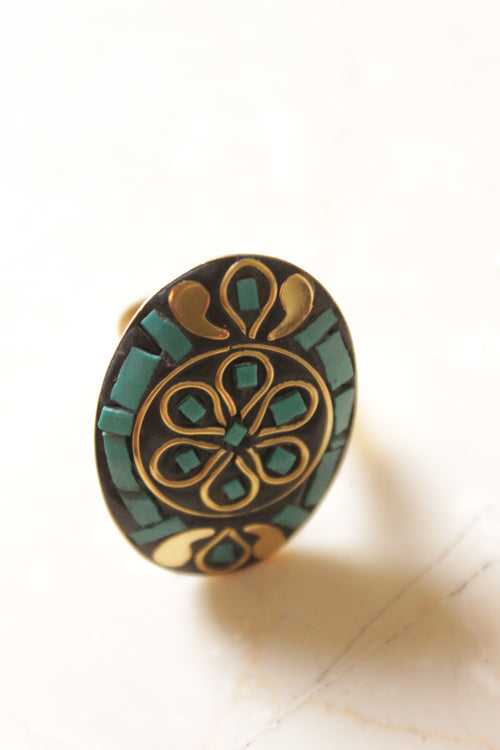 Oval Shaped Black and Golden Tibetan Adjustable Ring