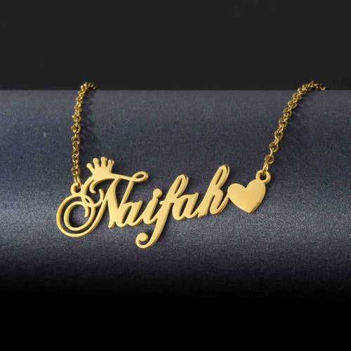 Gold Plated Crown With Heart Name Necklace