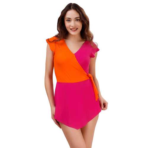 Colour Blocked V-Neck Swimdress with Attached Shorts and Butterfly Sleeves- AQS-2