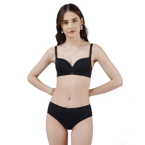 Semi Coverage Padded Non-Wired T-shirt Bra with High Rise Full Coverage Brief