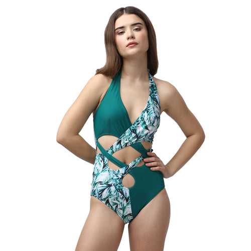 Solid and Tropical Printed Halter Neck Monokini Swimsuit-AQS-5