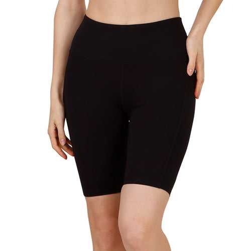 High Waist Knee Length Solid Sports Shorts With Pocket