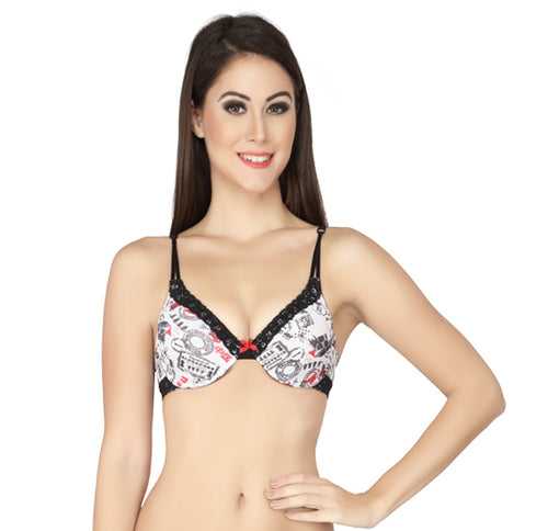 Medium Coverage Printed Non-Padded Wired Bra with Trim Lace-FB-606-Stamps