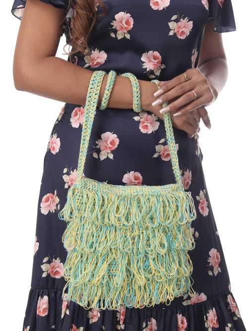 Chic Blue-Yellow Frilled Crochet Satchel