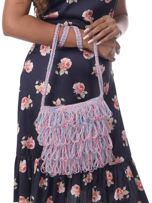 Chic Pink-Blue Frilled Crochet Satchel