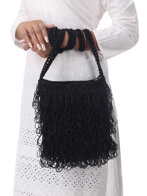 Midnight Black Frilled Crochet Satchel