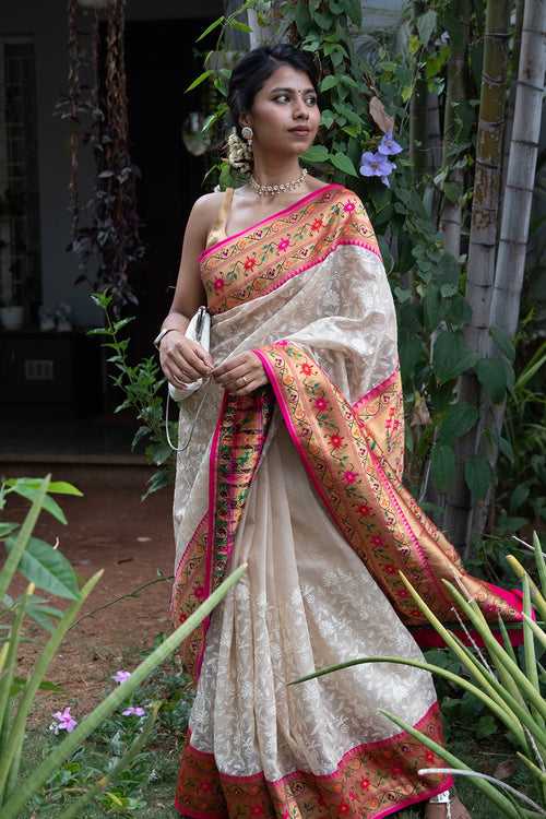 Creamy white embroidery floral motif Tussar Kora Silk saree