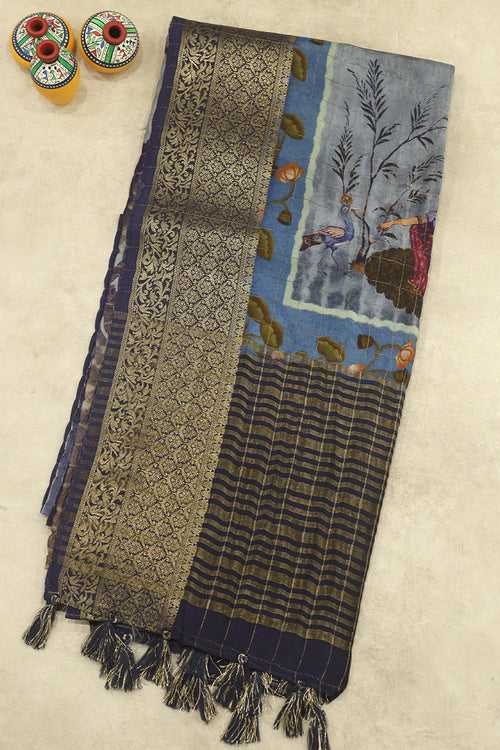 Blue Grey Dola silk saree