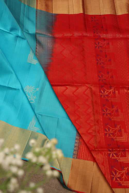 Sky blue and Chilly red soft silk saree