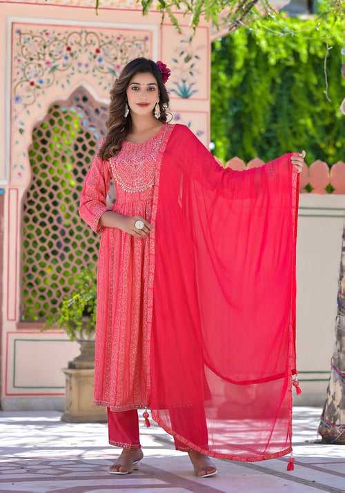 Pink Floral Anarkali Kurta Pant set With Dupatta