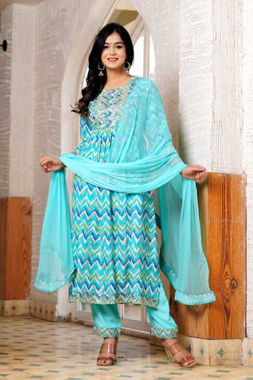 Sky Blue Cotton Yoke work Kurta Sets with Dupatta