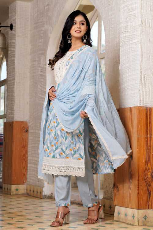 Sky blue Rayon Yoke Work Kurta Sets with Dupatta