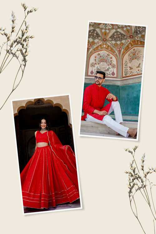 Red Sequined Party wear Couple Set ( 1 Lehenga Sets , 1 Kurta)