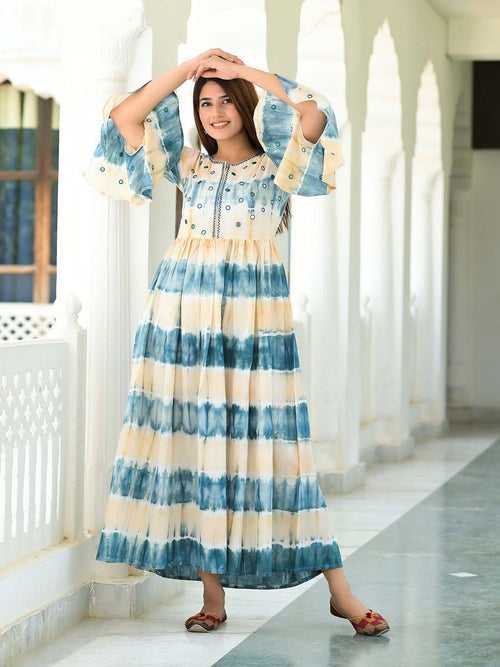 Beige & Blue Tie Dye Cotton Dress