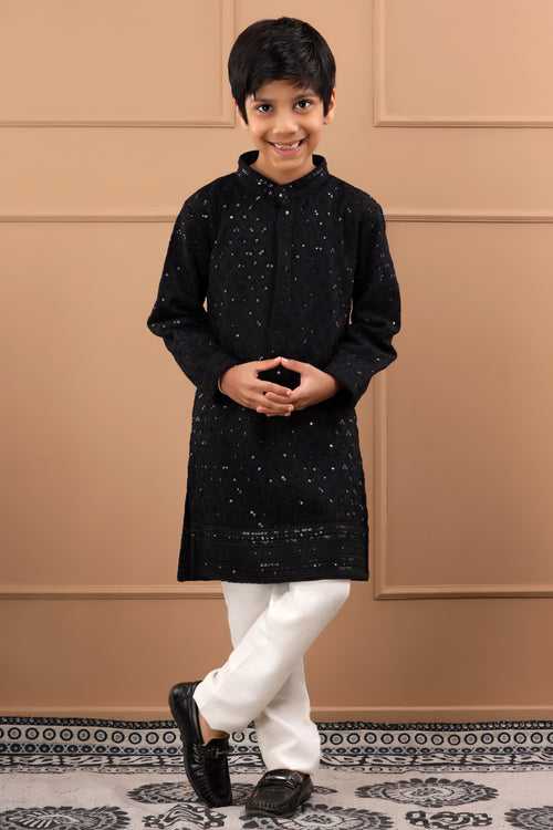 Boys Embellished Black Sequinned Kurta