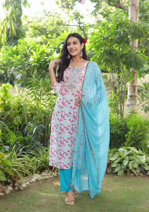 Blue Printed Gota Work Suit Set