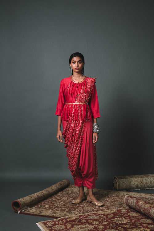 Red Solid Shirt + Low crotch pants+ Bandhani draped dupatta