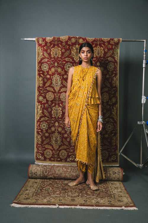 Mustard bias top + dhoti + Pre pleated dupatta