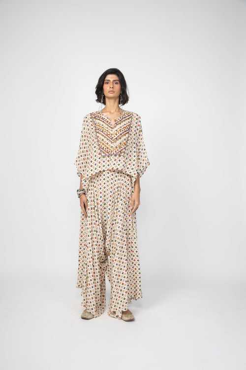 White Printed Kaftan Top & Low Crotch Pants