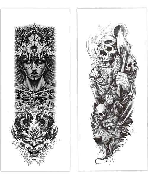 Full Arm Hand Temporary Tattoo Combo Indian Women Wolf Skull For Men Boys Girls Women Sticker Size 48x17cm - 2pcs. (Combo)